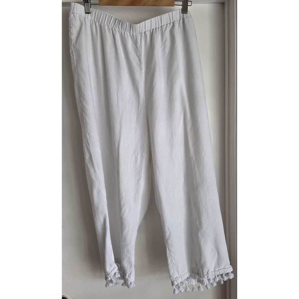 Cynthia Rowley Linen Cropped Pants 2X White Solid Casual Boho Wide-Leg Trousers